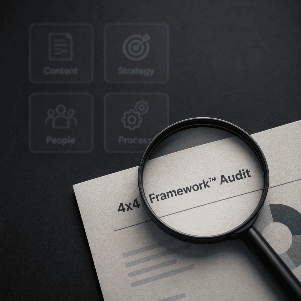 A magnifying glass rests on a document titled 4x4 Framework Audit, with blurred icons in the background labeled Strategy, Content, People, and Process. The scene suggests analysis or review.
