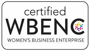 Logo with the words certified WBENC Womens Business Enterprise. The C in WBENC contains a multicolored circular design representing diversity and inclusivity. The logo is framed by a thin black rectangle.