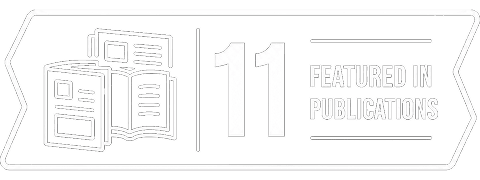 Badge with an icon of magazines and text that reads: 11 Featured in Publications.