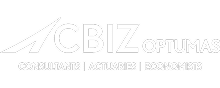 White logo with text: CBIZ OPTUMAS and smaller words underneath: CONSULTANTS | ACTUARIES | ECONOMISTS. There is also a stylized arrow or triangle graphic to the left of the main text.