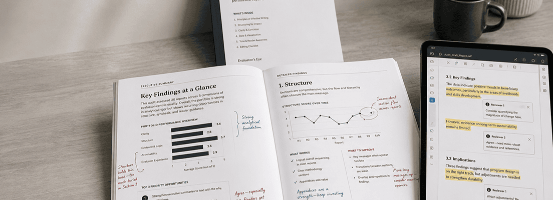 An open report with charts, graphs, and handwritten notes sits on a desk beside a tablet displaying a document, a closed book, a pen, and a coffee mug.