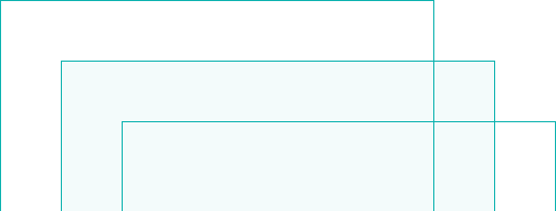 Three overlapping, translucent rectangles with thin turquoise outlines on a white background, each rectangle increasing in size from front to back and aligned at the bottom left corner.
