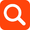 A white magnifying glass icon on an orange square background, symbolizing the search function.