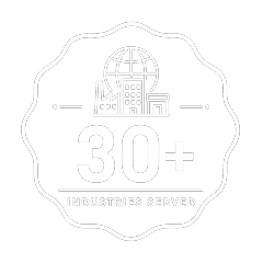 A badge with an outline of buildings and a globe above the text 30+ Industries Served inside a scalloped border.