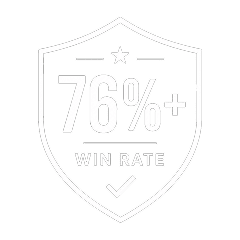 A shield-shaped badge displays 76%+ WIN RATE with a star above the percentage and a checkmark below the text.