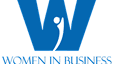 Blue W logo with a stylized person in white forming part of the letter. Below the logo, blue text reads WOMEN IN BUSINESS on a white background.