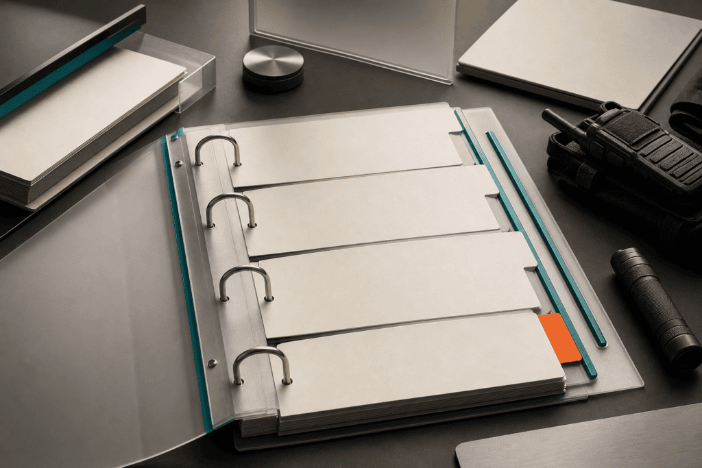 An open binder with blank tab dividers is surrounded by office supplies, including notebooks, a pen, and a flashlight, all arranged neatly on a dark surface.