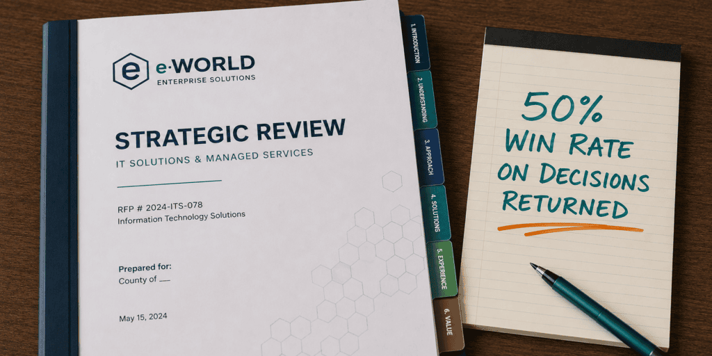 A binder titled STRATEGIC REVIEW IT SOLUTIONS & MANAGED SERVICES sits on a desk next to a notepad reading 50% WIN RATE ON DECISIONS RETURNED in teal handwriting, with a teal pen placed on the notepad.