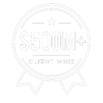 A circular badge with ribbon ends displays $500M+ Client Wins in large, bold text, with a star above the amount, signifying significant financial achievements.