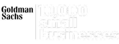 Goldman Sachs logo on the left; to the right, bold text reads 10,000 small businesses in large white letters.