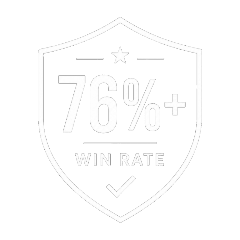 A shield-shaped badge with a star, the text 76%+ WIN RATE, and a checkmark at the bottom.