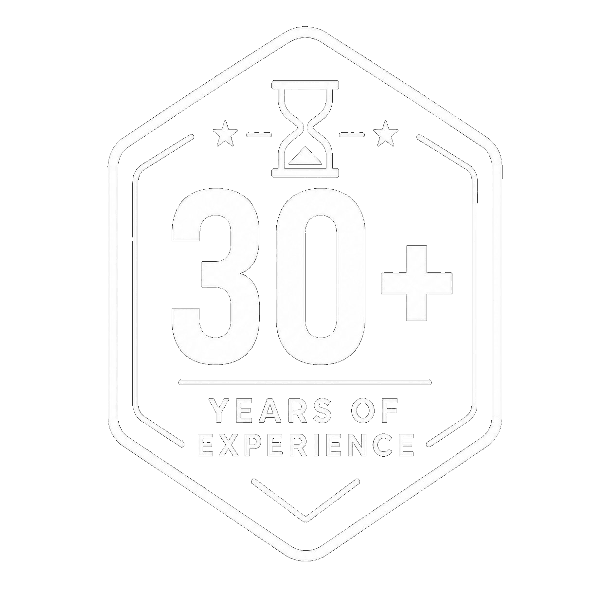 A badge-shaped graphic with an hourglass icon at the top, large text reading 30+ in the center, and smaller text below stating Years of Experience.