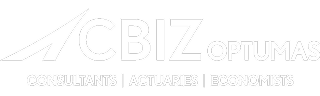 White logo with the words CBIZ Optumas and Consultants | Actuaries | Economists in all caps. The CBIZ text includes a stylized upward arrow on the left.
