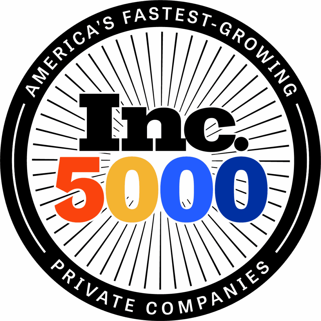 Circular badge with Inc. 5000 in bold letters and Americas Fastest-Growing Private Companies written around the edge on a black border. Radiating lines fill the inner circle.