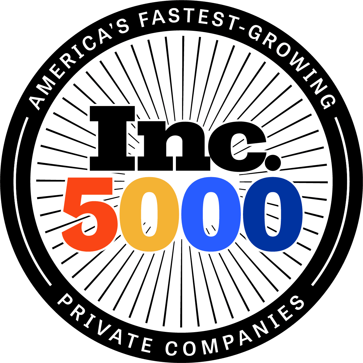 Circular badge with Inc. 5000 in bold letters and Americas Fastest-Growing Private Companies written around the edge on a black border. Radiating lines fill the inner circle.